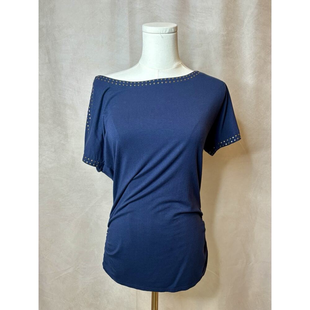 Carmen Marc Valvo Blue Studded Top Size S Ruched Stretch Short Sleeve Night Out